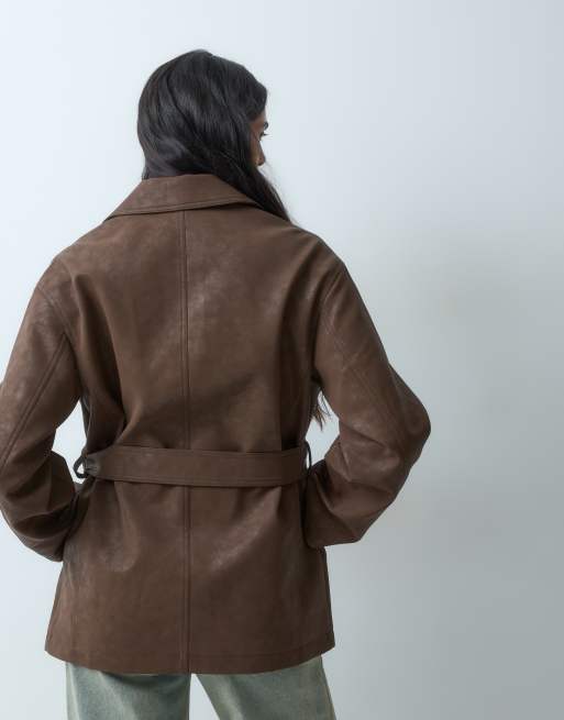 4th & Reckless faux leather collared belted jacket in chocolate, 3 of 4