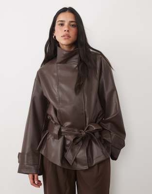 4th & Reckless Faux Leather Funnel Neck Wide Sleeve Tie Belt Detail Jacket In Brown