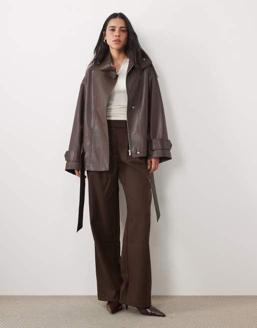 4th & Reckless faux leather funnel neck wide sleeve tie belt detail jacket in chocolate, 4 of 4