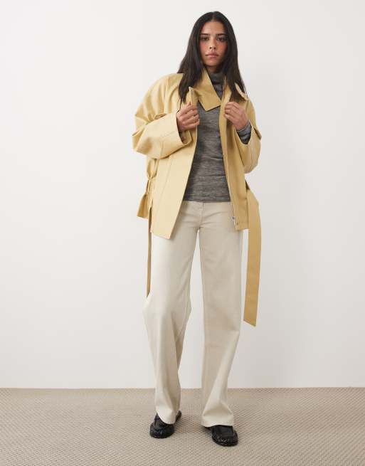 4th & Reckless faux leather funnel neck wide sleeve tie belt detail jacket in yellow, 3 of 4