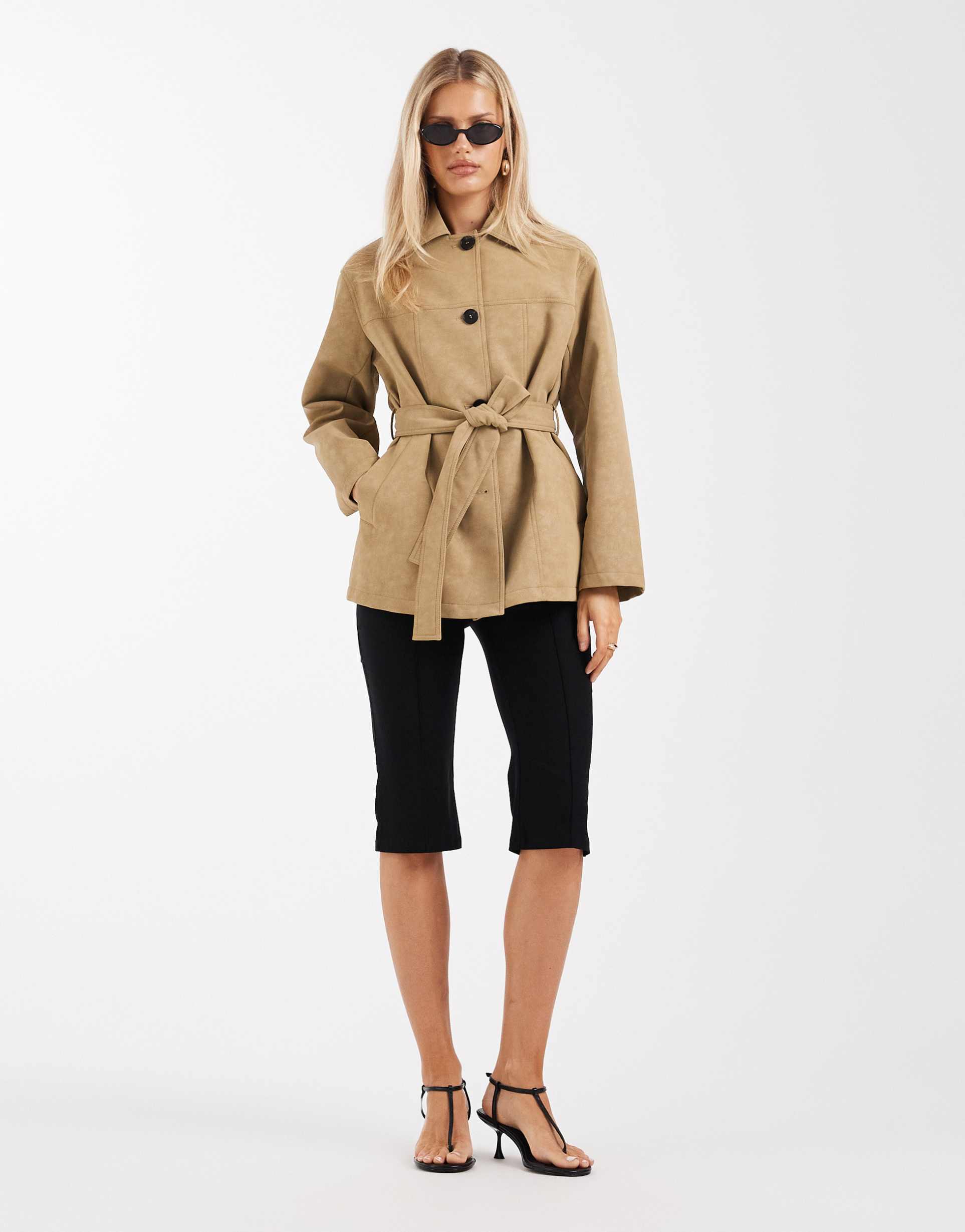 4th & reckless faux leather tie waist button through jacket in camel