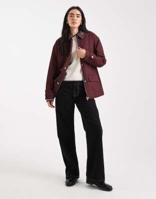 4th & Reckless faux leather woven detail collar workwear jacket in burgundy-Red