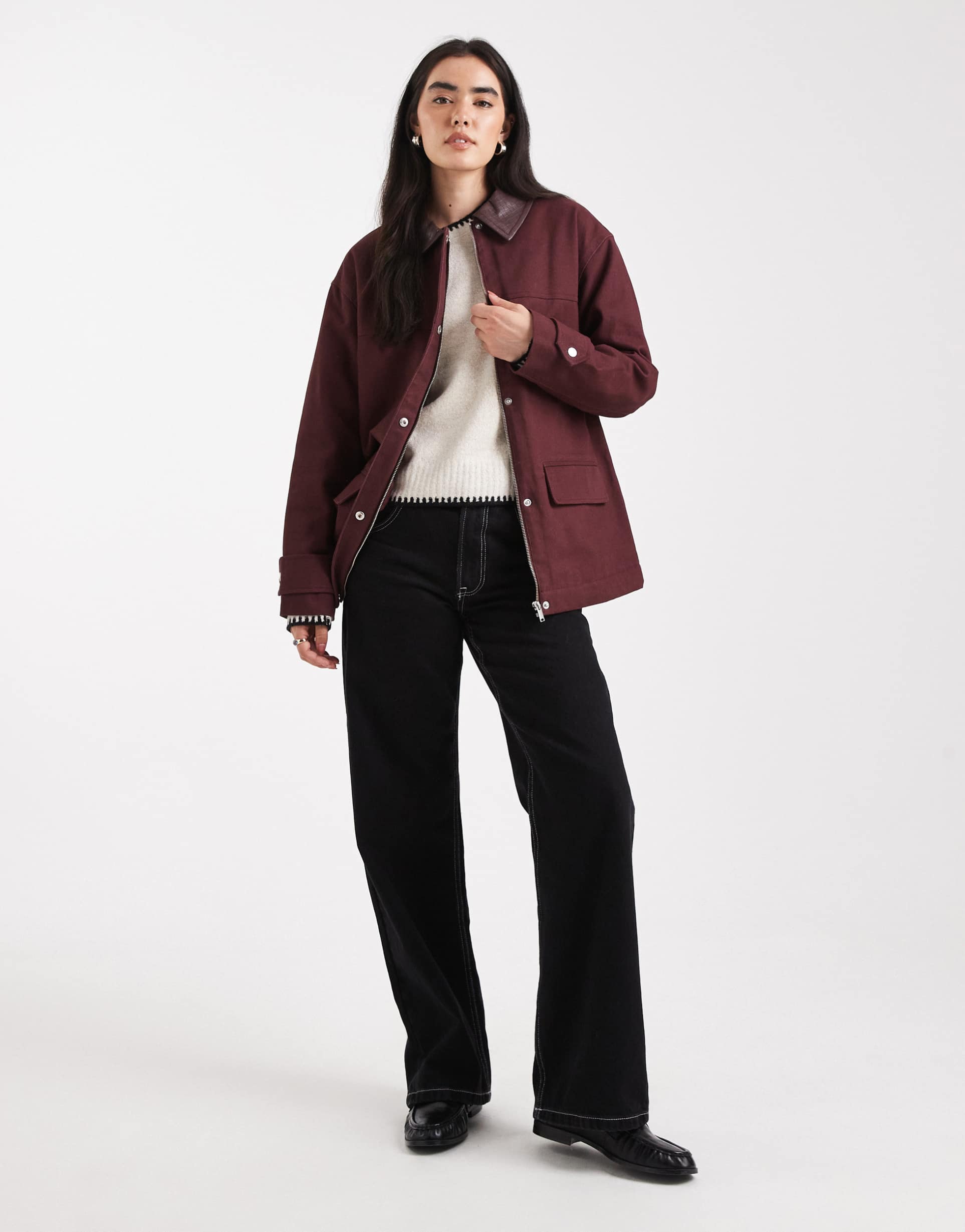 4th & reckless faux leather woven detail collar workwear jacket in burgundy