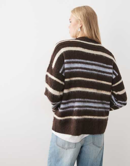 4th & Reckless faux mohair blend fluffy knit sweater in brown stripe, 4 of 4