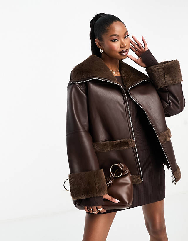 4th & Reckless - faux shearling leather look jacket in chocolate