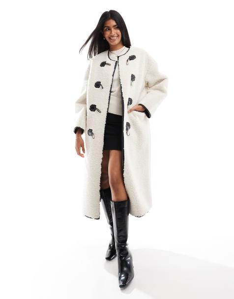 4th & Reckless faux shearling toggle fastening coat in cream - view 1