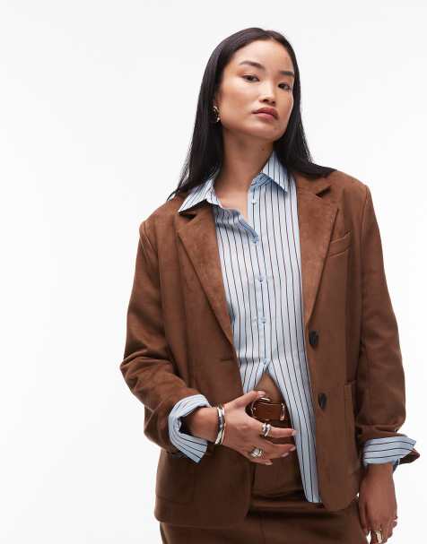 4th & Reckless faux suede collared tailored blazer co-ord in brown - view 1