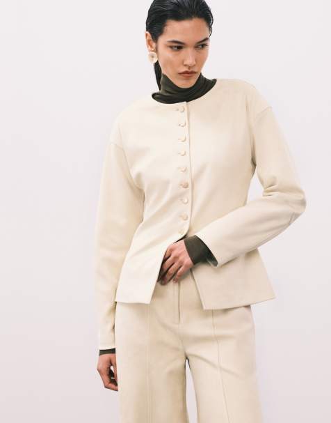 4th & Reckless faux suede collarless gold button blazer co-ord in buttercream - view 1