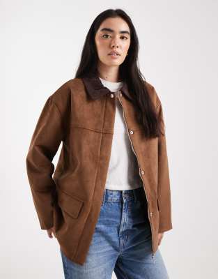 4th & Reckless faux suede contrast collar barn jacket in brown