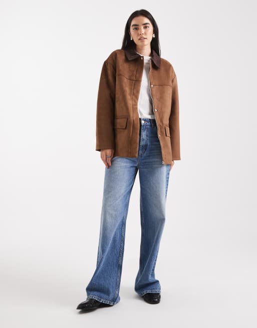 4th & Reckless faux suede contrast collar barn jacket in brown, 2 of 4