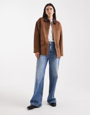 4th & Reckless Faux Suede Corduroy Collar Barn Jacket In Brown