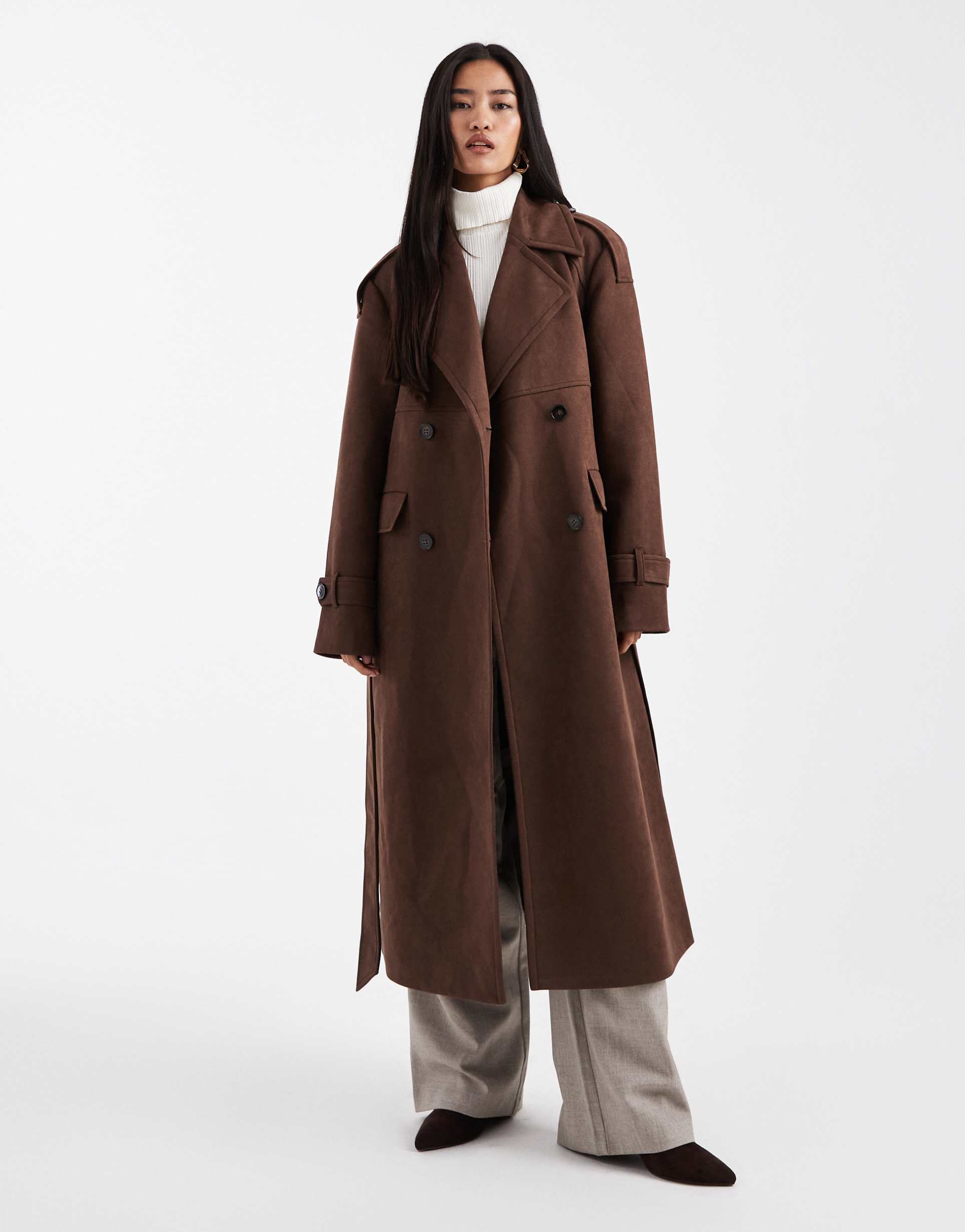 4th & reckless faux suede double breasted belted midi trench coat in brown