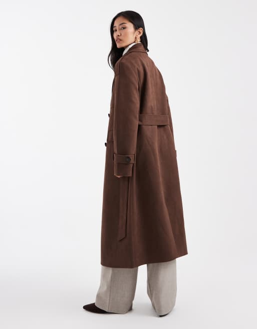 4th & Reckless faux suede double breasted belted midi trench coat in brown, 2 of 4