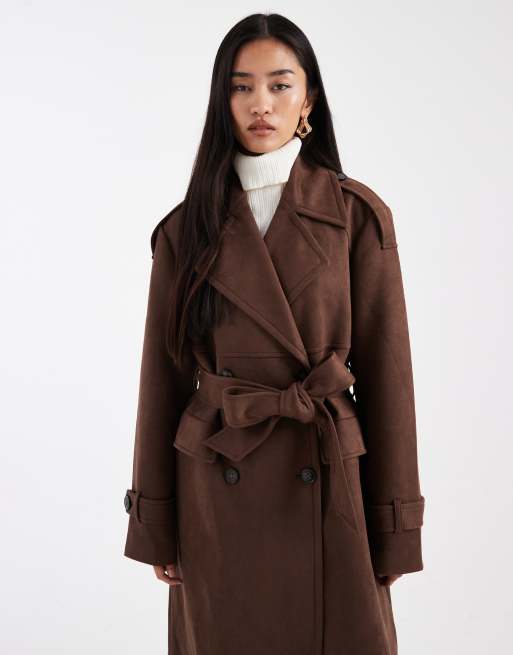 4th & Reckless faux suede double breasted belted midi trench coat in brown, 3 of 4