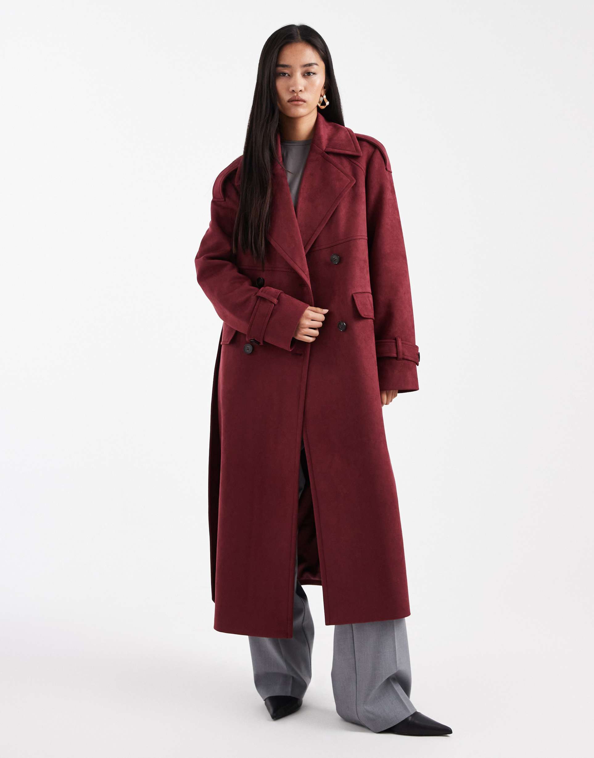 4th & reckless faux suede double breasted belted midi trench coat in burgundy