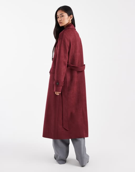 4th & Reckless faux suede double breasted belted midi trench coat in burgundy, 2 of 4