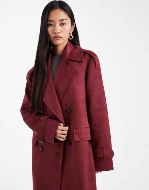 4th & Reckless faux suede double breasted belted midi trench coat in burgundy, 3 of 4