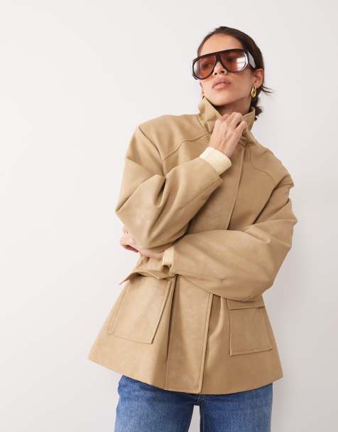 4th & Reckless faux suede funnel neck pocket front cinch waist jacket in beige - view 1