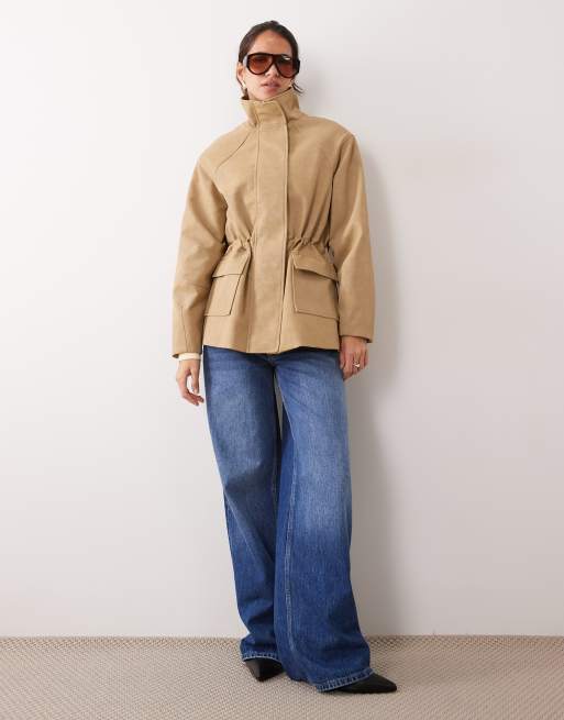 4th & Reckless faux suede funnel neck pocket front cinch waist jacket in beige, 3 of 4