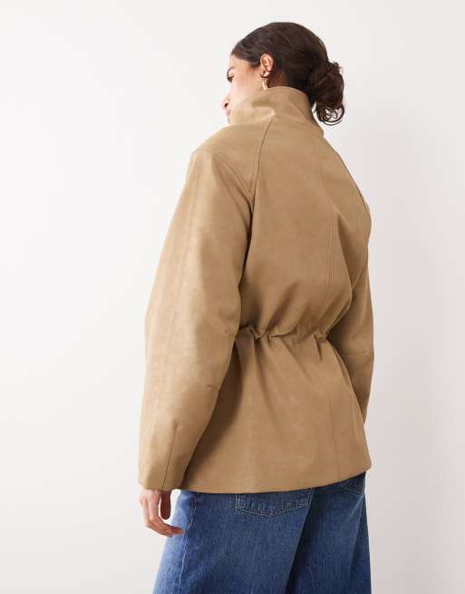 4th & Reckless faux suede funnel neck pocket front cinch waist jacket in beige, 4 of 4