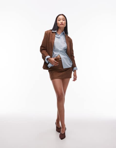 4th & Reckless faux suede mini skirt and oversized blazer co-ord in brown - view 1