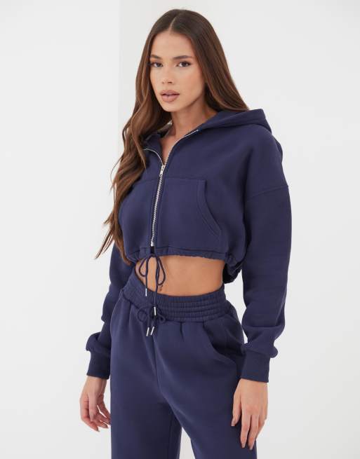 4th & Reckless - Felpa con cappuccio corta blu navy con cerniera lampo
