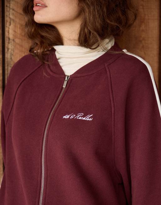 4th & Reckless - Felpa stile bomber in misto cotone color ciliegia con logo ricamato e zip in coordinato, 2 di 4