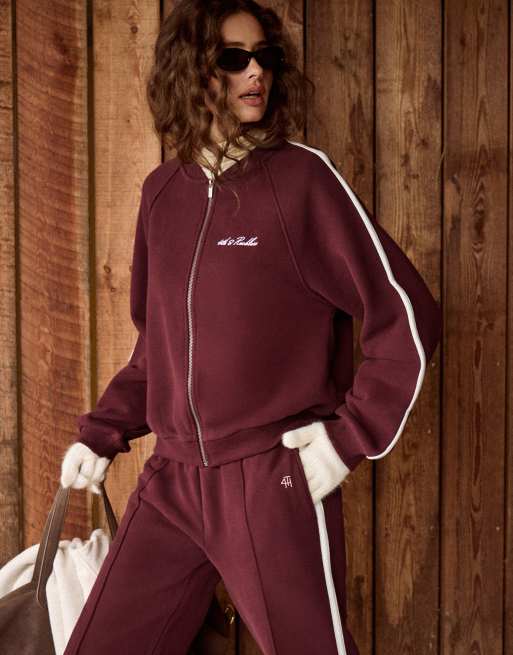 4th & Reckless - Felpa stile bomber in misto cotone color ciliegia con logo ricamato e zip in coordinato, 4 di 4