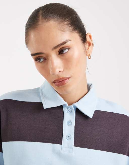 4th & Reckless - Felpa stile rugby in misto cotone color cioccolato e blu con colletto stile polo, 3 di 4