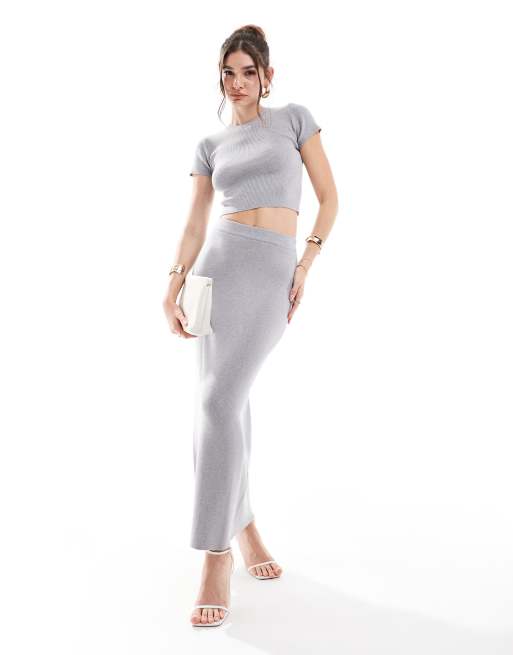 4th & Reckless - Fijngebreid T-shirt en maxirok in grijs, co-ord set