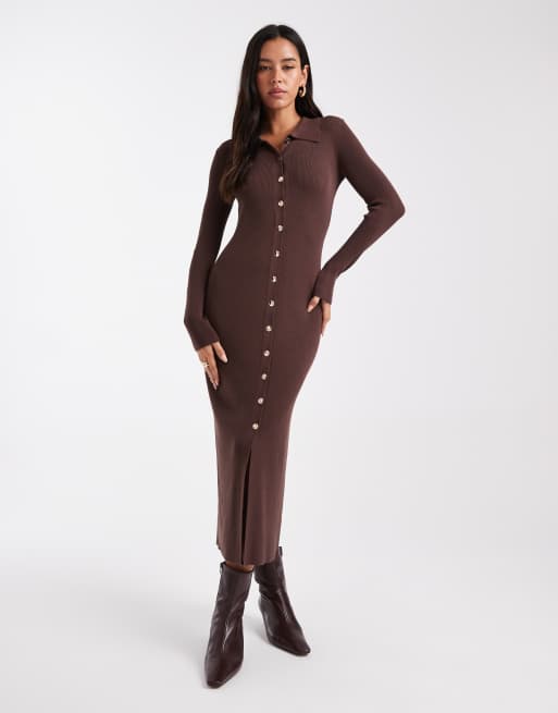 4th & Reckless fine knit button through collar detail maxi dress in chocolate