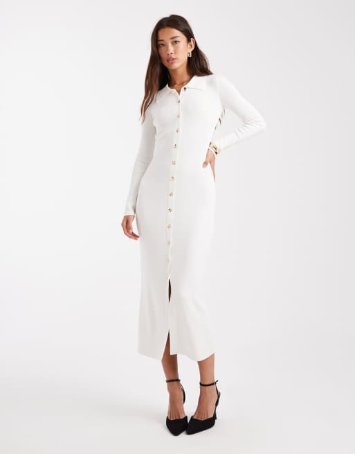 4th & Reckless fine knit button through collar detail maxi dress in cream