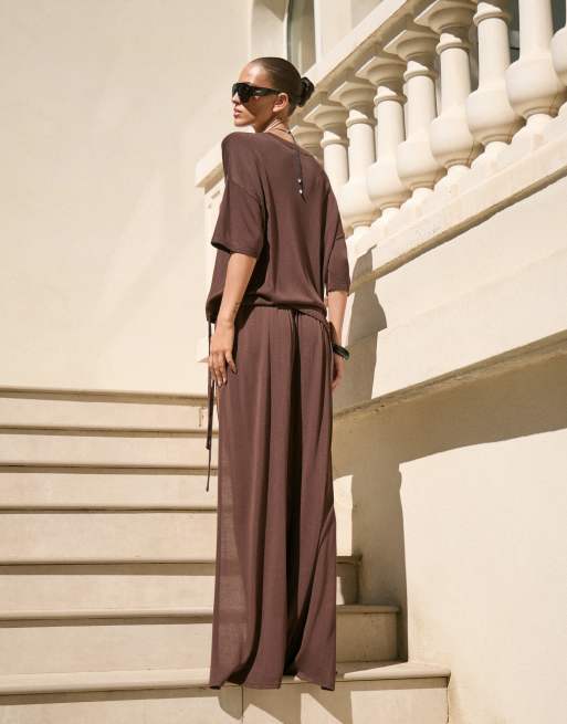 4th & Reckless fine knit drape front thigh split maxi beach skirt co-ord in chocolate, 3 of 4