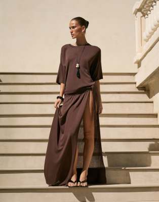 4th & Reckless Fine Knit Dropped Shoulder Beach T-shirt In Brown