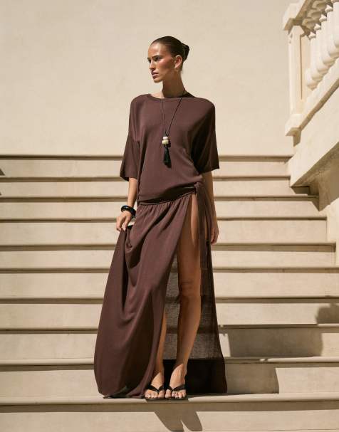 4th & Reckless fine knit dropped shoulder beach T-shirt in chocolate - part of a set - view 1