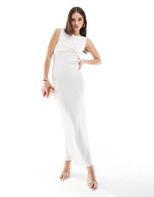 fine knit sleeveless twist bust detail maxi dress in cream-White