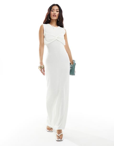 4th & Reckless fine knit twist bust detail maxi dress with front seam in white - view 1