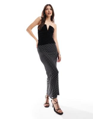 fishtail maxi skirt in black polka dot-Silver