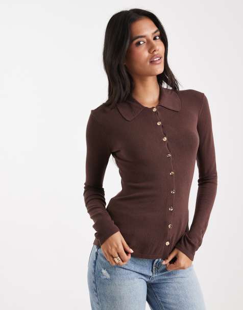 4th & Reckless fitted rib knit gold-tone button up collared top in chocolate - view 1
