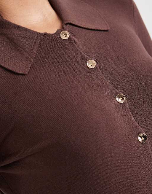 4th & Reckless fitted rib knit gold-tone button up collared top in chocolate, 3 of 4