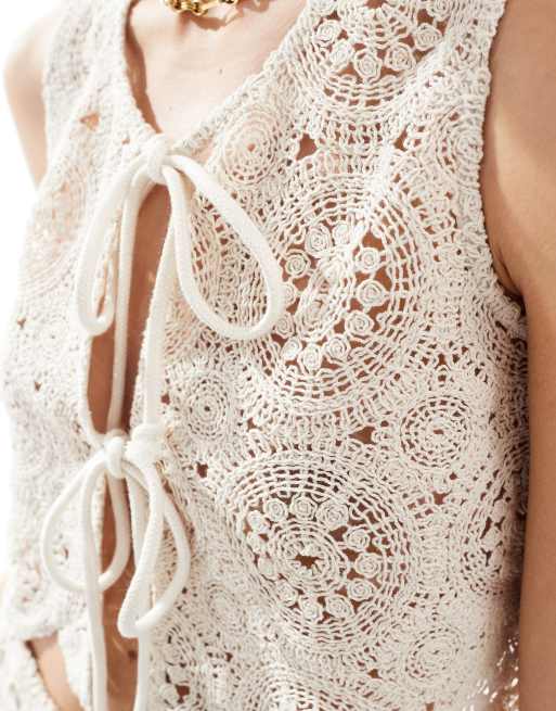 【夏帆さま専用出品】SHELL MOTIF CROCHET KNIT VEST Hand Knit Vest Women M Buttons AquaBerry Teal Bright Boho