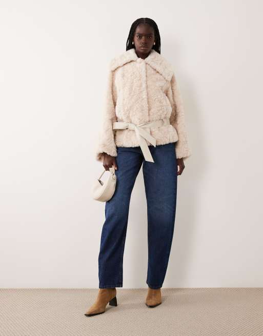 4th & Reckless fluffy borg oversized collar tie detail jacket in cream, 4 of 4