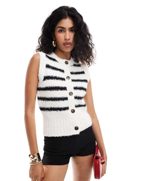 4th & Reckless fluffy knit button through sleeveless top in black and white stripe - view 1
