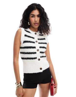 fluffy knit button up sleeveless top in black and white stripe-Multi