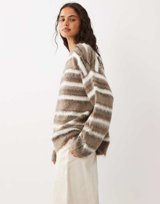 4th & Reckless fluffy knit jumper in brown & cream stripe, 2 of 4