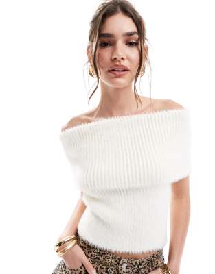 fluffy rib knit off the shoulder top in cream-White