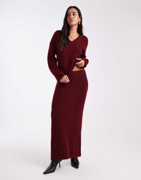 4th & Reckless fluffy textured v neck jumper and maxi skirt co-ord in burgundy - view 1
