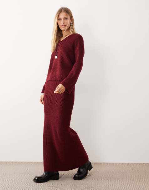 4th & Reckless fluffy textured v-neck sweater and maxi skirt set in burgundy - view 1