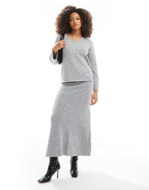 4th & Reckless fluffy wool mix knitted maxi skirt in grey (part of a set)