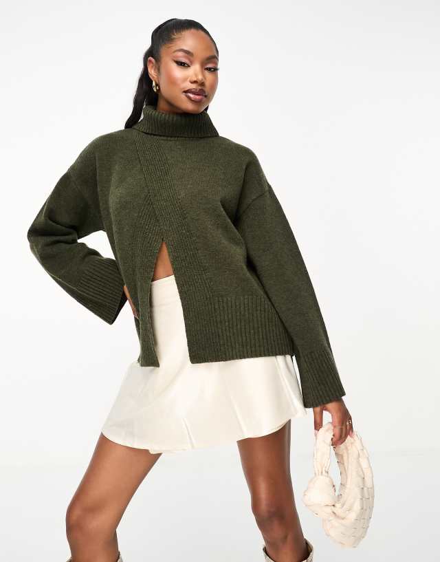 4th & Reckless - front split roll neck jumper in khaki